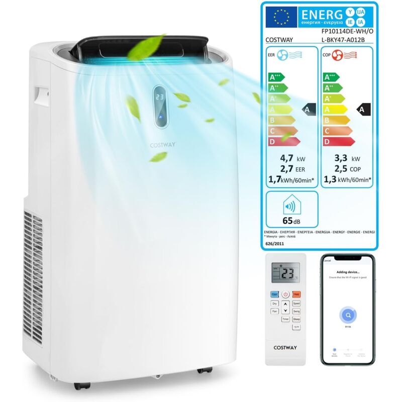 Climatiseur Mobile 5 en 1 16000BTU 45 ㎡ Classe a Contrôle Télécommande/APP R290 Rafraîchissement Chauffage Déshumidification Ventilateur et Mode Nuit