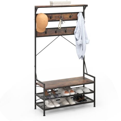 COSTWAY Coat Rack 4-In-1 Hall Tree with 11 Hanging Hooks & Shoe Bench-Brown