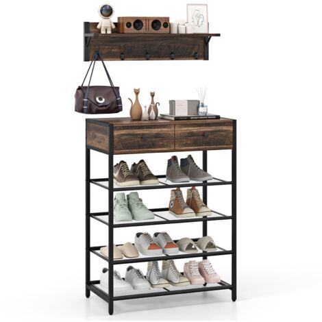 COSTWAY Coat Rack Shoe Stand Set 5-Tier Shoe Rack w/Wall-Mounted Coat Rack-Brown