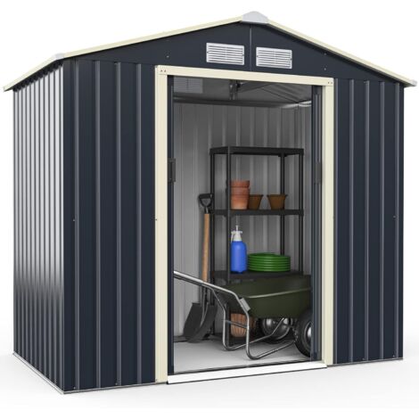 COSTWAY Cobertizo de Jardín de Metal de Exterior,213 x 127 x 195 cm, Caseta de Jardín con 4 Respiraderos y Puertas Individuales Correderas, Casita Organizador para jardín