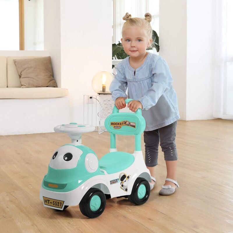 

Coche montable y de empuje para niños, Coche robot 3 en 1, Coche dibujos animado con luces y sonidos, freno de seguridad (Verde) - Costway