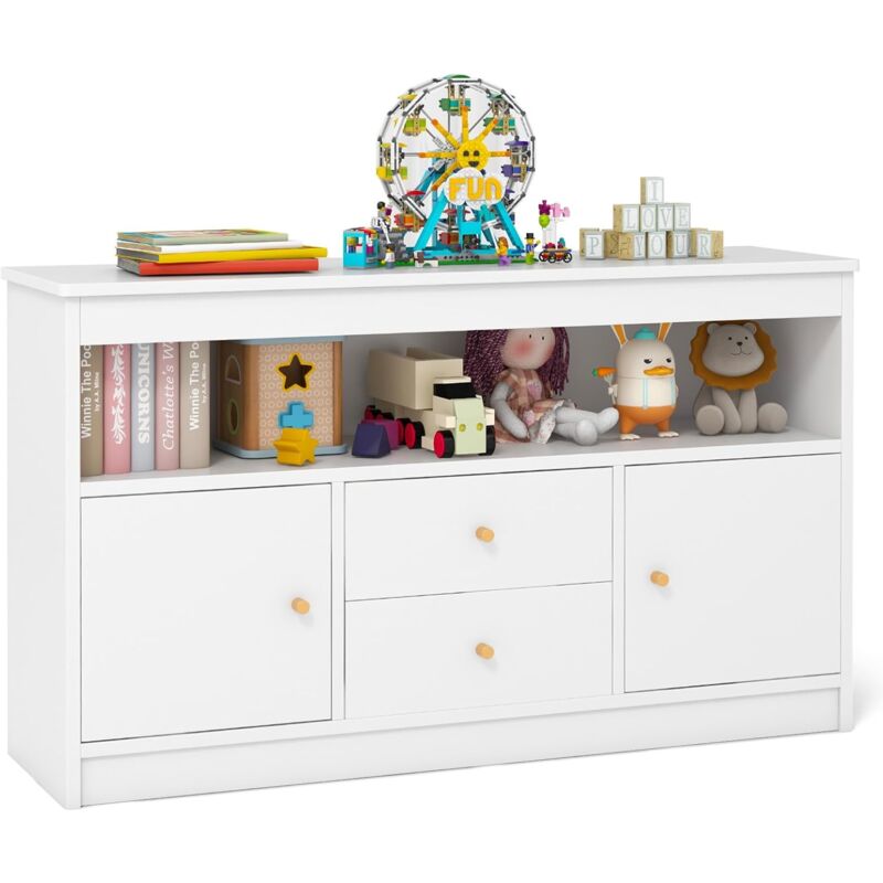 Costway - Coffre à Jouets Enfant avec 2 Tiroirs & 2 Armoires, Meuble de Rangement Jouets Enfants avec Kit Anti-basculement, Bibliothèque en Bois pour