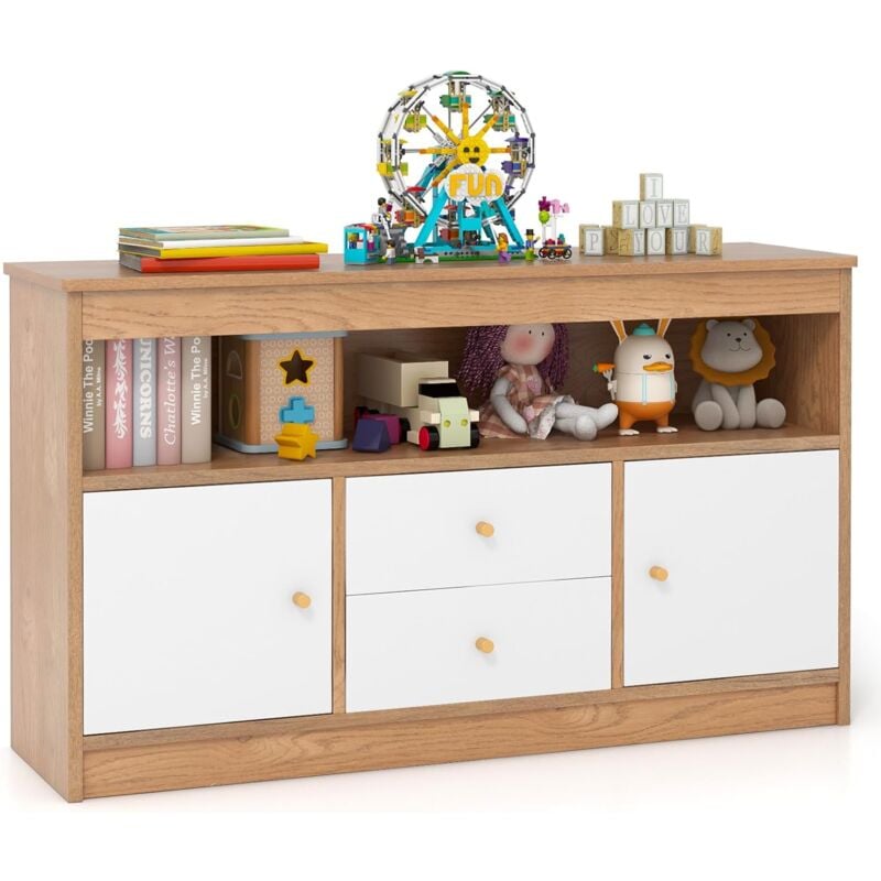 Coffre à Jouets Enfant avec 2 Tiroirs & 2 Armoires, Meuble de Rangement Jouets Enfants avec Kit Anti-basculement, Bibliothèque en Bois pour Bureau