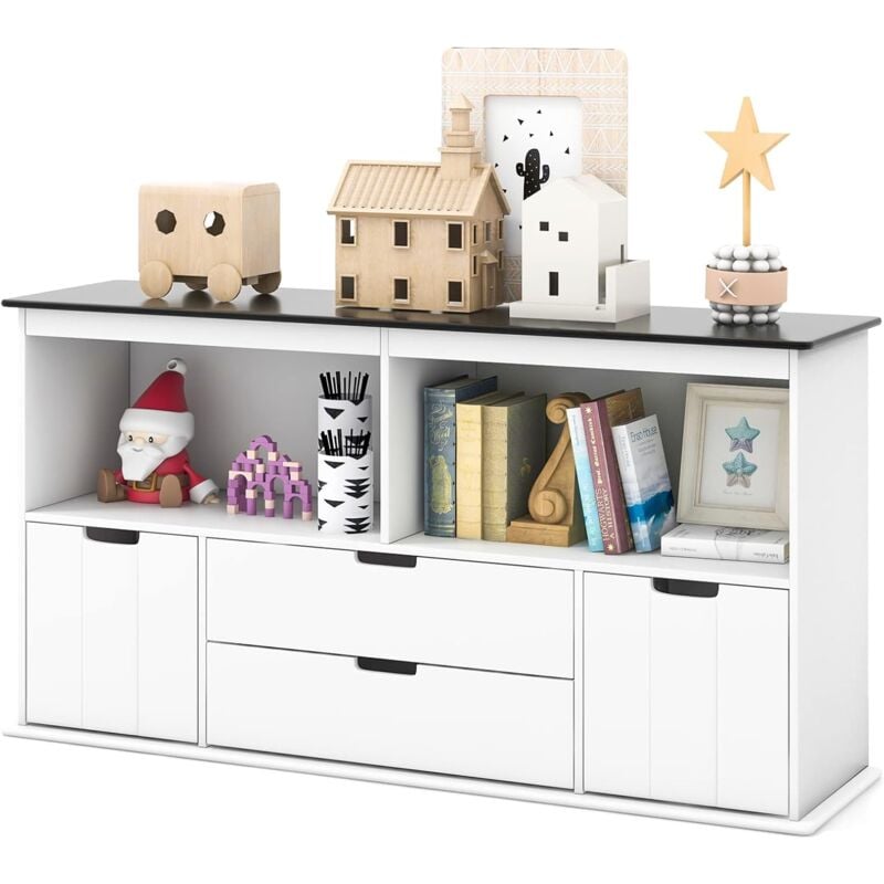 Coffre à Jouets Enfants avec Tableau Noir Inscriptible/Meuble de Rangement Enfants-2 Bacs & 2 Tiroirs Amovibles-121 x 33 x 62 cm - Costway