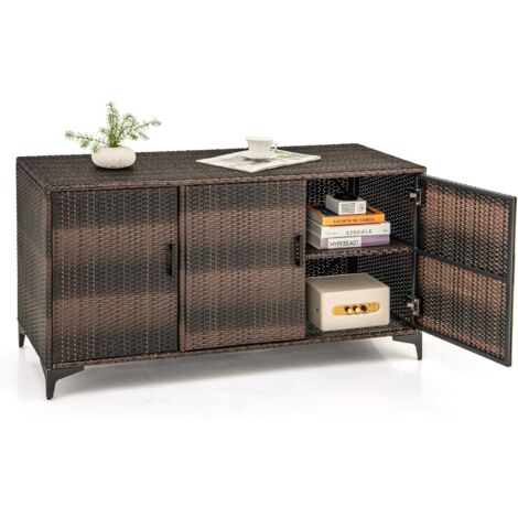 COSTWAY Coffre de Rangement en Résine Tressée pour Patio 318 L, Boîte de Rangement avec 3 Portes Étagères Amovibles Grand Bac Étanche pour Coussins Oreillers Outils Accessoires de Piscine (Marron)