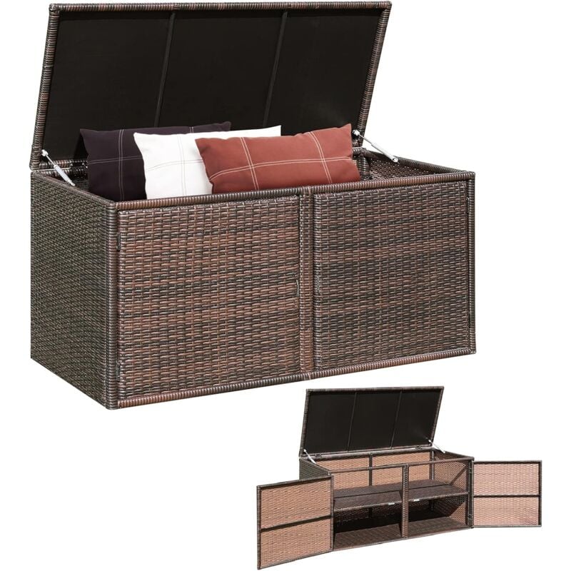 Coffre de Rangement Jardin 335L en Rotin pe, Charge Max. 120 kg, Cadre en Acier avec 2 Etagères 115 x 60 x 65 cm Marron - Costway