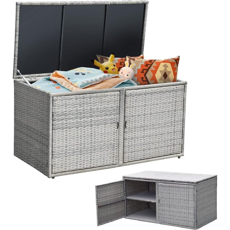 Costway - Coffre de Rangement Jardin 335L en Rotin pe, Charge Max. 120 kg, Cadre en Acier avec 2 Etagères 115 x 60 x 65 cm Gris