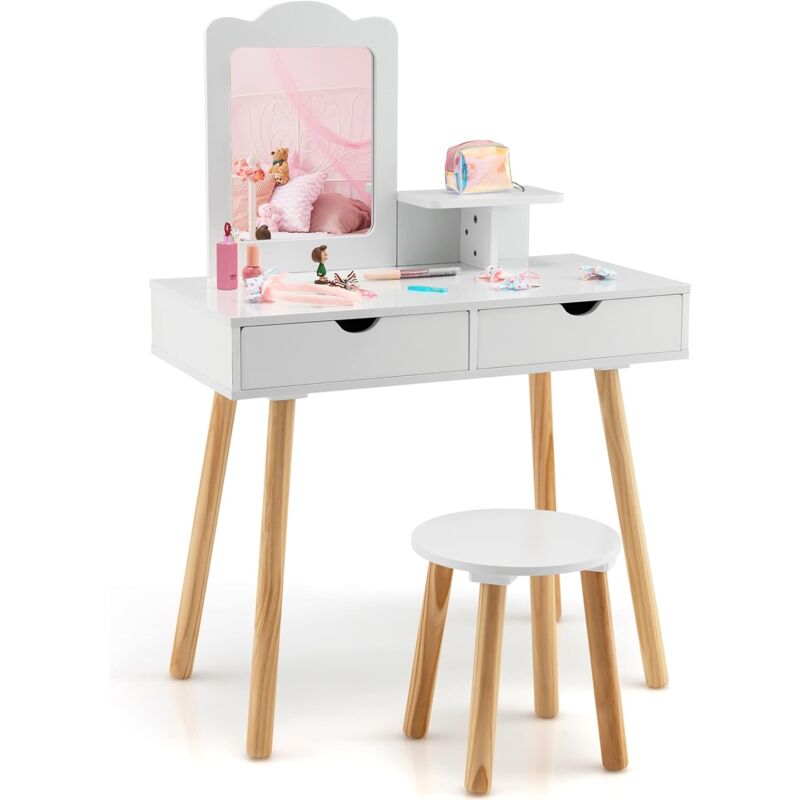 Coiffeuse 2 en 1 pour Enfants avec Tabouret Mignon, Table de Maquillage en Bois pour Enfants avec Miroir Rectangulaire et 2 Grands Tiroirs, Cadeau De