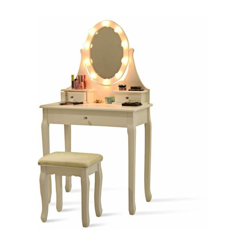 Coiffeuse avec 10 Ampoules LED en Forme de Rose et Tabouret, Miroir Ovale à 3 Tiroirs Lampe Blanche Romantique - Costway