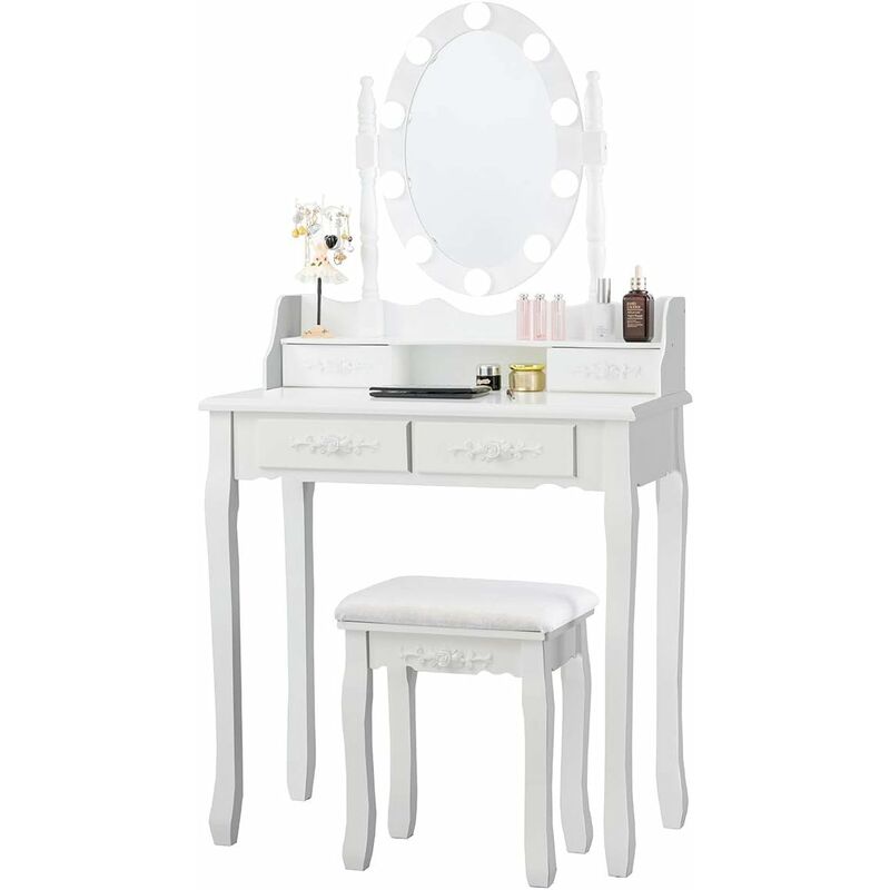 Coiffeuse avec 10 Ampoules, Table de Maquillage avec Tabouret, Miroir Ovale, Interrupteur et 4 Tiroirs, 75x40x145cm Blanc - Costway
