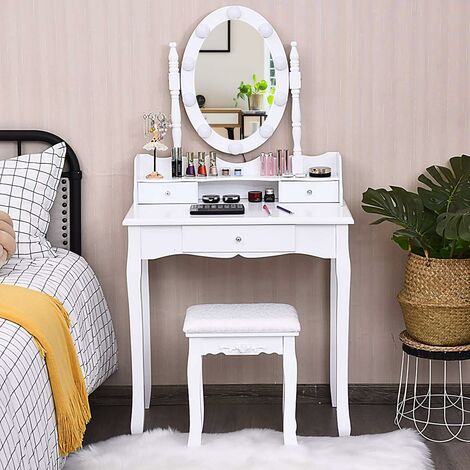 COSTWAY Coiffeuse avec Eclairage, Miroir Ovale, Pivotant à 360°, 10 Lumières, Tabouret Rembourré Inclus, avec 3 Tiroirs de Rangements, Blanc