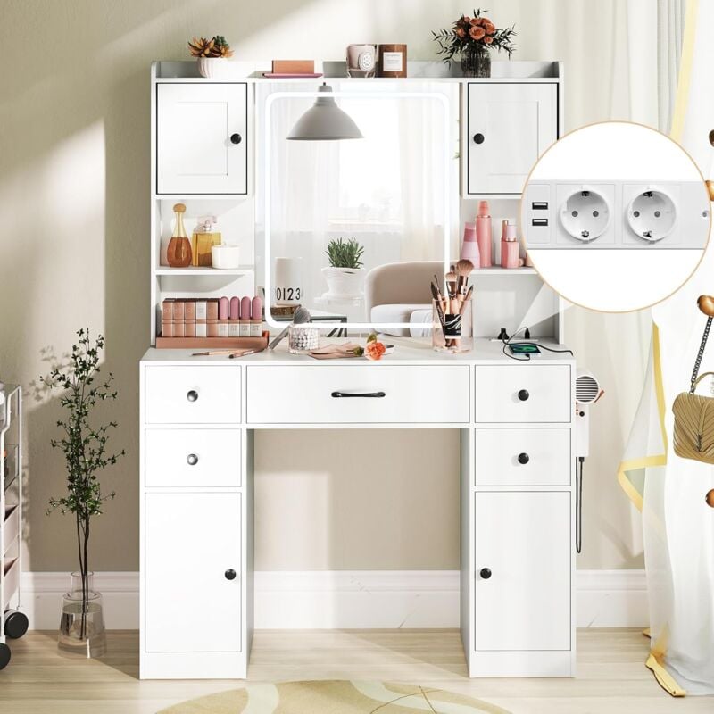 Coiffeuse avec Grand Miroir led à Luminosité Réglable 3 Couleurs, 2 Prises de Courants et 2 Ports usb, Compartiments Ouverts, 5 Tiroirs, 4 Armoires,