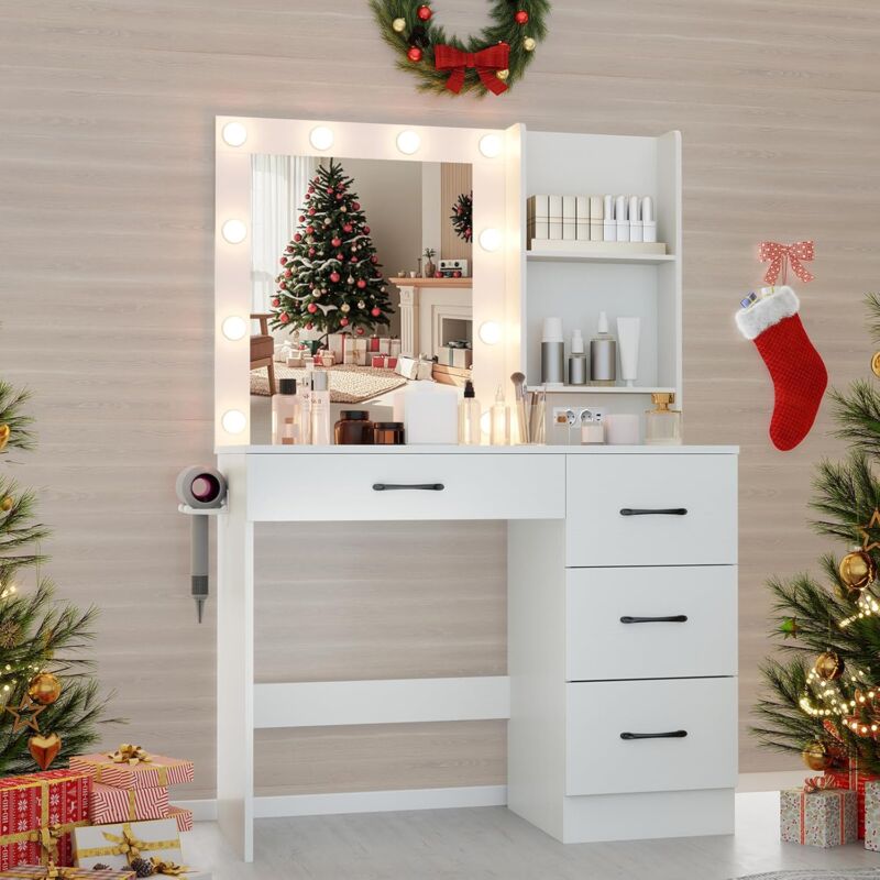 Coiffeuse avec Miroir, Coiffeuse avec Rangement, 3 Couleurs, Luminosité Réglable, Station de Charge, Table de Maquillage, Porte-Sèche-Cheveux, 4