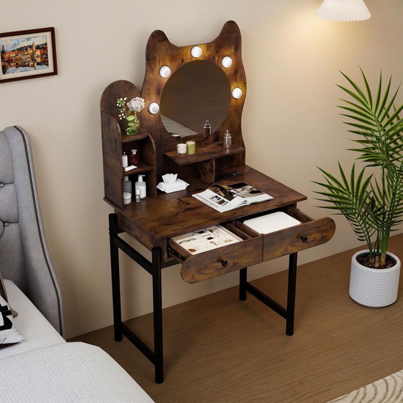 COSTWAY Coiffeuse avec Miroir en Forme de Chat, 3 Modes d'Éclairage, Luminosité Réglable, Station de Charge, 3 Étagères, 2 Tiroirs, Table de