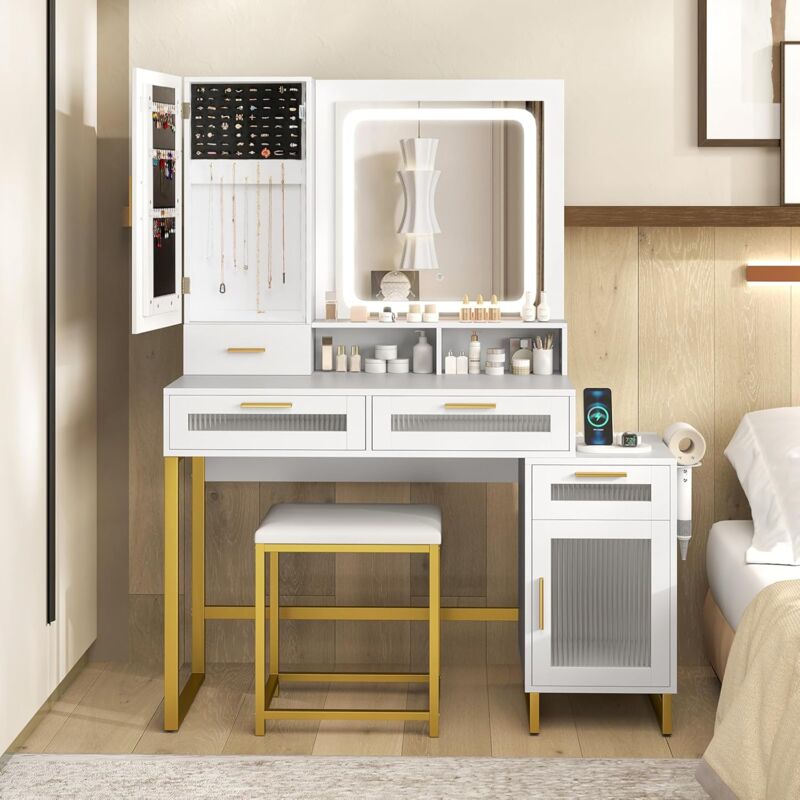Coiffeuse avec Miroir et Tabouret, Coiffeuse avec Rangement, 3 Couleurs, Luminosité Réglable, Station de Charge, Table de Maquillage, Armoire à