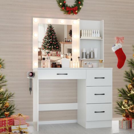Costway – Coiffeuse avec miroir LED 3 couleurs – Station de charge intégrée – 4 tiroirs et étagères ouvertes – Dimensions 94x40x138,5 cm – Blanc