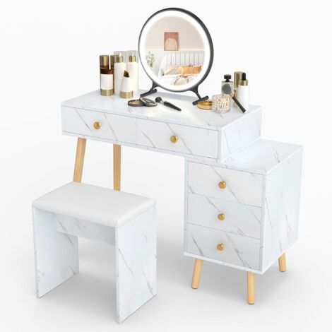 COSTWAY Coiffeuse avec miroir LED amovible, armoire latérale et tabouret rembourré, coiffeuse avec 3 modes d'éclairage, 5 tiroirs, coiffeuse aspect marbre et pieds en bois, 100 x 45 x 116,5 cm