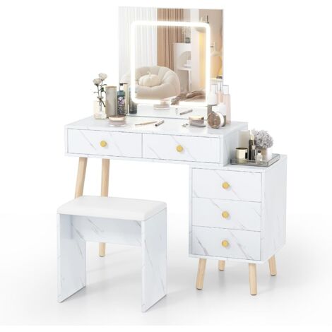 COSTWAY Coiffeuse avec miroir LED, meuble d'appoint et tabouret rembourré, coiffeuse avec 3 modes d'éclairage, 5 tiroirs, ensemble coiffeuse aspect marbre et pieds en chêne, 100 x 45 x 130 cm