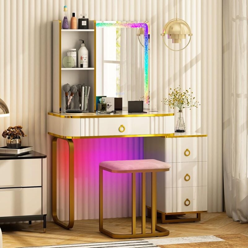 Coiffeuse avec Miroir led, Table de Maquillage avec Tabouret Rembourré, 4 Tiroirs, Lumières led rvb avec 7 Modes Dynamiques, Station De Charge sans