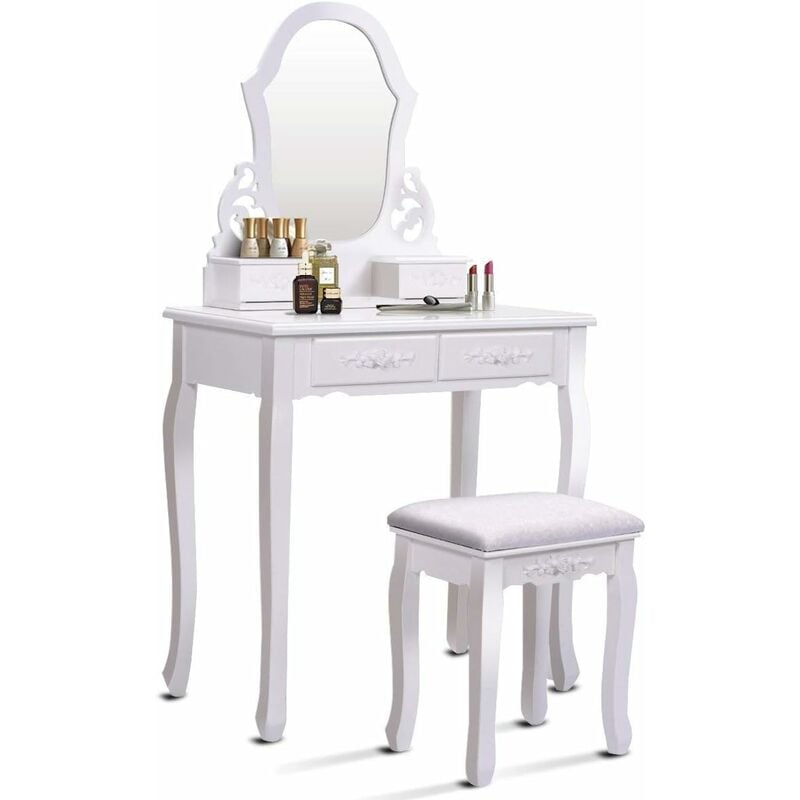 Costway - Coiffeuse avec Miroir Ovale Table de Maquillage avec Tabouret Commode avec 4 tiroirs en Bois de MDF blanc