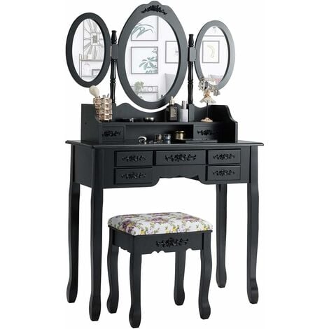 COSTWAY Coiffeuse avec Miroirs Pliable，Table de Maquillage avec Tabouret Capitonné, 7 Ttiroirs et 1 Etagère Ouverte Noir