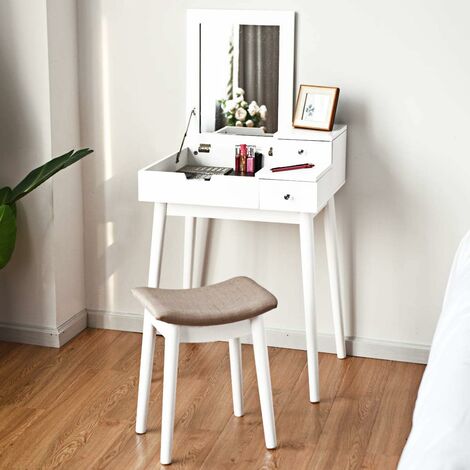 COSTWAY Coiffeuse avec Tabouret 2 Tiroirs Miroir Rabattable Table de Maquillage Coiffeuse Moderne
