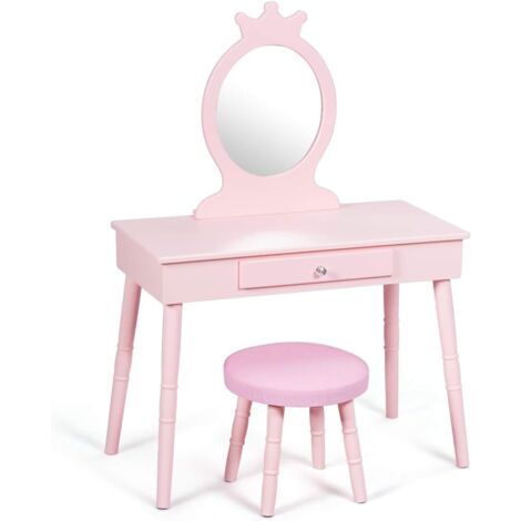 COSTWAY Coiffeuse avec Tabouret de Filles,Table de Maquillage pour Enfants, Style Princesse Européenne avec Tiroir et Miroir (Rose)