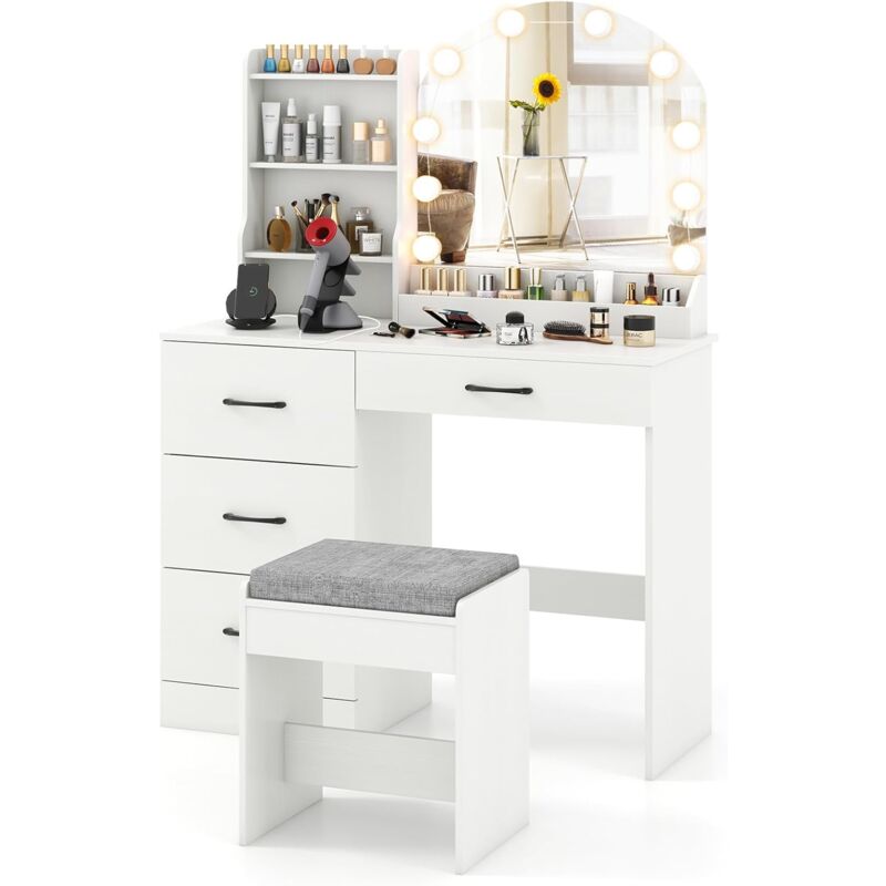 Coiffeuse avec Tabouret et Grand Miroir led à Luminosité Réglable 3 Couleurs, 2 Prises de Courants et 2 Ports usb, Compartiments Ouverts, 4 Tiroirs,
