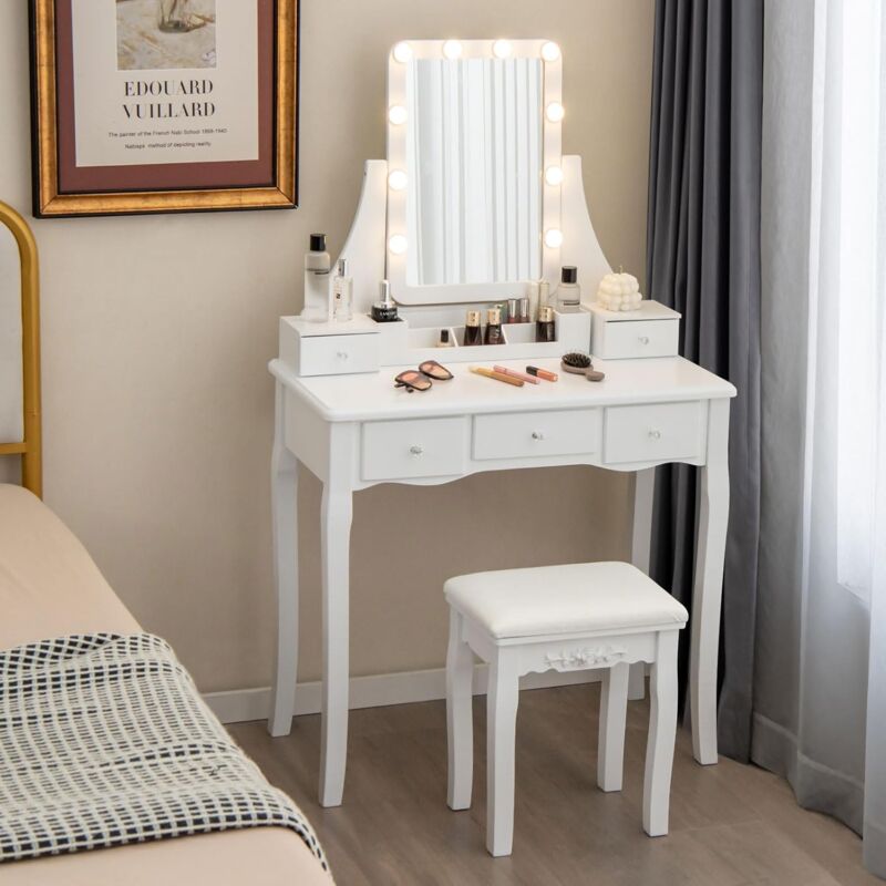 Coiffeuse avec Tabouret et Miroir à Luminosité Réglable, Table de Maquillage avec 5 Tiroirs et Compartiment de Rangement Ouvert, Tabouret Doux