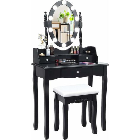 COSTWAY Coiffeuse avec Tabouret et Miroir LED Eclairé Pivotant à 360 ° ,Table de Maquillage avec 3 tiroirs Noir