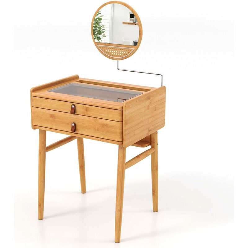 costway - coiffeuse avec miroir pivotant, coiffeuse en bambou avec 2 tiroirs coulissants, petite vanité, plateau en verre trempé élégant, pour