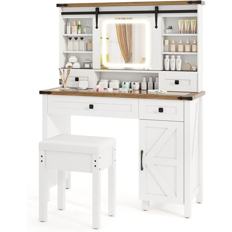 Coiffeuse avec Tabouret, Miroir hd Coulissant avec led à Luminosité Réglable, Table de Maquillage avec 6 Étagères de Rangements Ouverts, 4 Tiroirs et