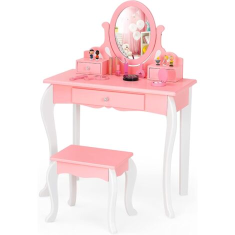 COSTWAY Coiffeuse avec Tabouret pour Enfants de Style Princesse avec Miroir Pivotant à 360° Amovible et 3 Tiroirs Rose et Blanc