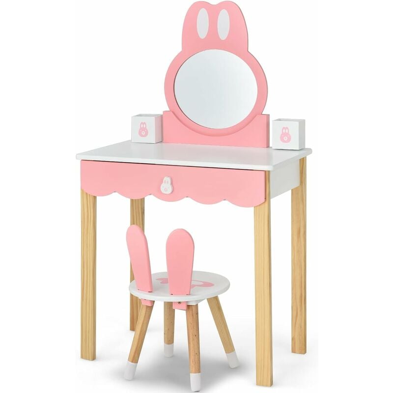 costway - coiffeuse avec tabouret pour enfants - miroir amouvible - 1 tiroirs - 2 boîtes de rangement - décor rose + blanc