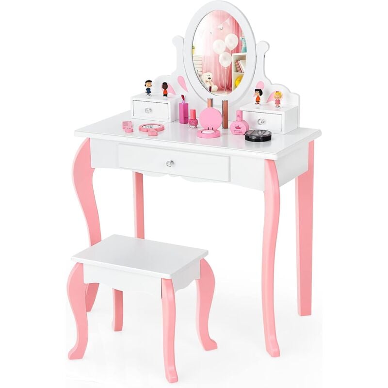 Coiffeuse avec Tabouret pour Enfants, Table de Maquillage en Bois avec Miroir Pivotant à 360°, 3 Tiroirs et Dessus Amovible, 70 x 33,5 x 99,5 cm,