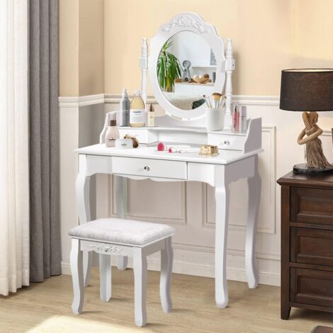 COSTWAY Coiffeuse avec Tabouret Rembourré, Table de Maquillage de Style Vintage avec Miroir Ovale Pivotant à 360°, 3 Tiroirs et Dessus Amovible, pour Chambre, Salon, Vestiaire, Blanc