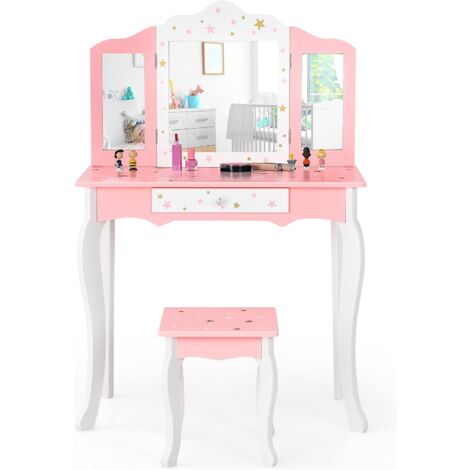 COSTWAY Coiffeuse avec Tabouret/Table de Maquillage pour Enfants avec Miroir Pliable à 3 Pans, Tiroir, Dessus Amovible et Pieds Antidérapants, Motifs Étoiles Scintillantes, Rose