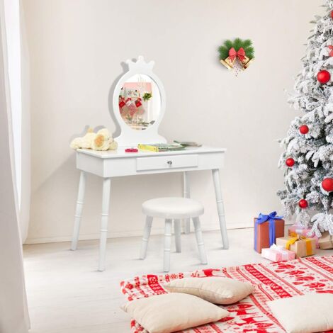 COSTWAY Coiffeuse avec Tabouret ,Table de Maquillage pour Enfants, Style Princesse Européenne avec Tiroir et Miroir
