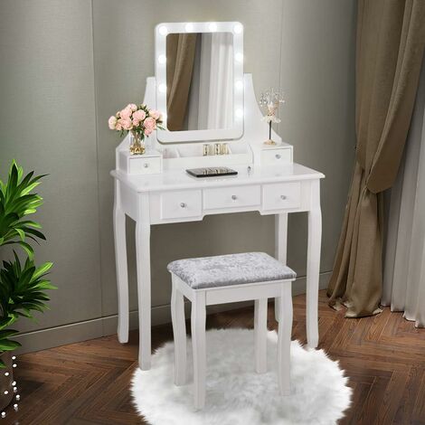 Costway – Coiffeuse blanche avec miroir pivotant 360° – 10 ampoules LED réglables – 5 tiroirs et rangement amovible – Dimensions 80x40x136cm