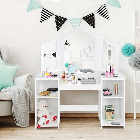 Costway – Coiffeuse enfant 2 en 1 avec miroir amovible – Bureau blanc avec 4 étagères – Dimensions 107x40,5x117 cm – MDF et miroir en plastique