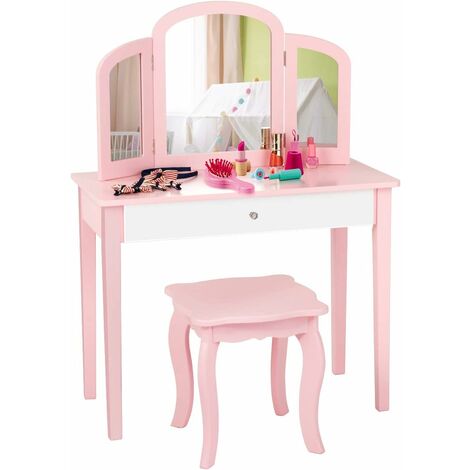 Costway – Coiffeuse enfant 2 en 1 avec miroir amovible et pliable – Dimensions 70 x 34 x 95 cm – MDF et bois de pin – Grand tiroir pour rangement