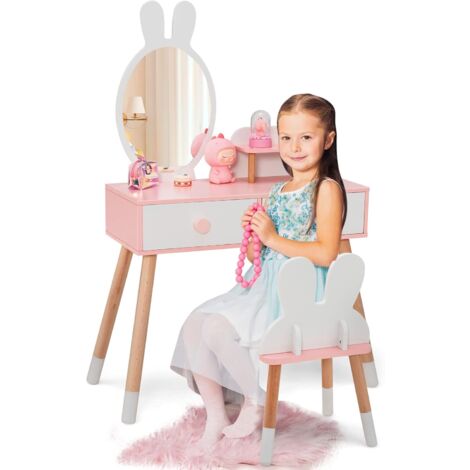 Costway – Coiffeuse enfant 2 en 1 avec miroir lapin – Table de maquillage en bois MDF – 2 tiroirs et étagère de rangement – Style princesse blanc