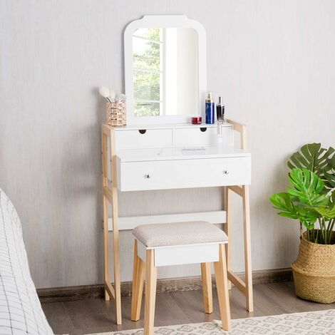 Costway – Coiffeuse à 2 niveaux avec 3 tiroirs – Miroir réglable 3 hauteurs – Structure en bois de pin – Tabouret rembourré confortable