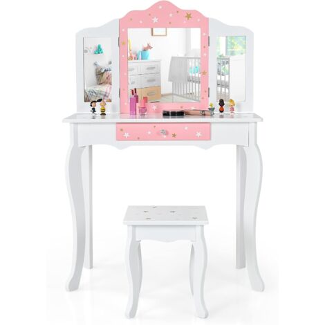 Costway – Coiffeuse enfant avec miroir 3 volets – Tiroir pratique – Structure MDF stable – Dimensions 70x34x104,5 cm – Tabouret inclus