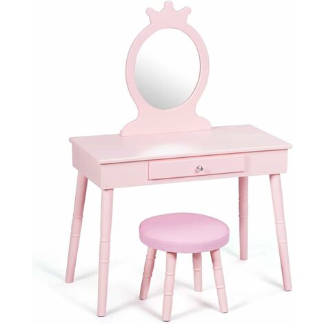 Costway – Coiffeuse enfant avec tabouret – Bois massif et panneaux de particules – Miroir de haute qualité – Grand tiroir de rangement – Rose