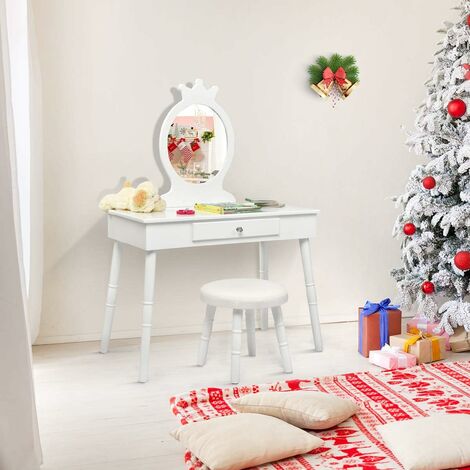 Costway – Coiffeuse enfant blanche avec tabouret – MDF et bois de pin – Dimensions 70x34x101cm – Grand tiroir de rangement – Sécurisée avec coins arrondis