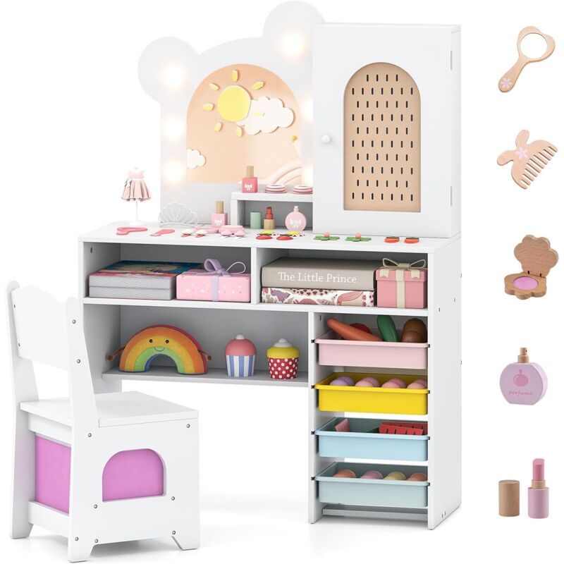 COSTWAY Coiffeuse Enfant Fille avec Chaise et Miroir Lumineux, Bureau Enfant avec 5 Tiroirs, 2 Compartiments, Armoire, Étagère Ouverte, pour Chambre