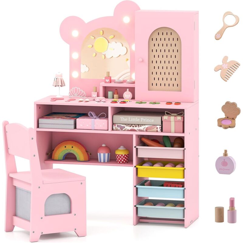 COSTWAY Coiffeuse Enfant Fille avec Chaise et Miroir Lumineux, Bureau Enfant avec 5 Tiroirs, 2 Compartiments, Armoire, Étagère Ouverte, pour Chambre