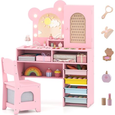 COSTWAY Coiffeuse Enfant Fille avec Chaise et Miroir Lumineux, Bureau Enfant avec 5 Tiroirs, 2 Compartiments, Armoire, Étagère Ouverte, pour Chambre d'enfant, Salle de Jeux, 3+ Ans (Rose)