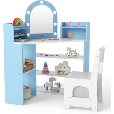 COSTWAY Coiffeuse Enfant Fille avec Chaise et Miroir Lumineux, Bureau Enfant Fille avec 3 Étagères & 5 Compartiments Ouverts, 5 Accessoires, Coiffeuse D’Angle pour 3 Ans+